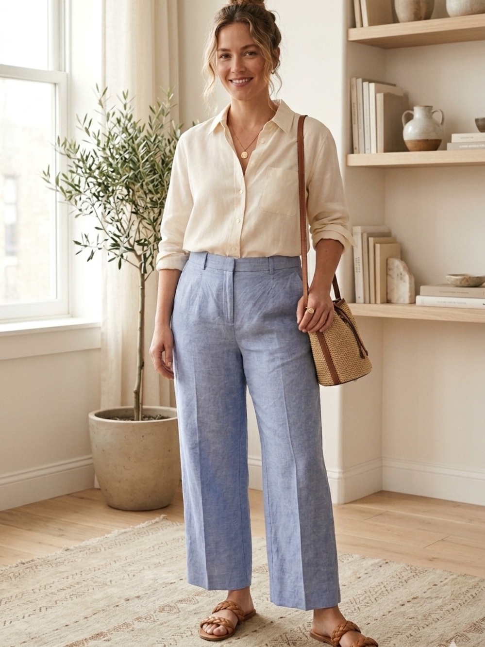 J. Crew Linen Essential Wide Leg Pale Blue Pants